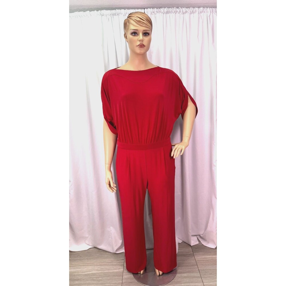 IMAN Red Wide Leg Jumpsuit XL Slit Sleeve Stretch Knit Draped Waist NWT